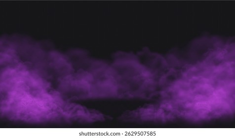 Purple Smoke effect on transparent dark background. Fog gray cloud above the floor surface with an empty spot
