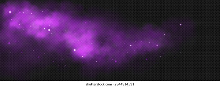 Purple smoke or fog with small shiny elements on a transparent background. Purple cloud cover. Vector isolated special effect.
