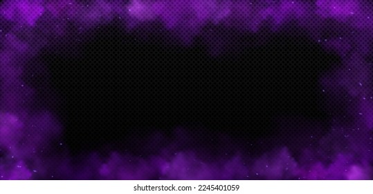 Purple smoke frame isolated on transparent background. Realistic vector illustration of color clouds with overlay effect. Gender party, disco, celebration, nightclub banner design element