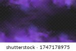 Purple smoke isolated on transparent dark background. Abstract purple powder explosion with particles and glitter. Smoke hookah, poison gas, violet dust, fog effect. Realistic vector illustration