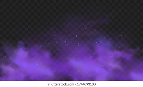 Purple smoke isolated on transparent dark background. Abstract purple powder explosion with particles and glitter. Smoke hookah, poison gas, violet dust, fog effect. Realistic vector illustration