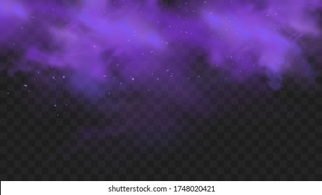 Purple smoke isolated on transparent dark background. Abstract purple powder explosion with particles and glitter. Smoke hookah, poison gas, violet dust, fog effect. Realistic vector illustration