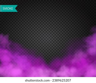 Purple smoke on transparent background. Mystical violet fog. Realistic clouds. Mist vector realistic effect