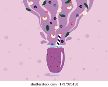 Purple smoothie cocktail drink freshly made with different fruits. Vector illustration.