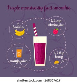 Purple smoothie recipe. Menu element for cafe or restaurant with energetic fresh drink. Fresh juice for healthy life.