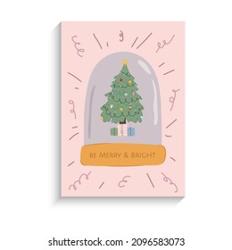 Purple snowball with Christmas tree and colorful christmas balls and gifts inside. Greeting cards whith inscribe Be Merry and Bright in pastel pink background for print	