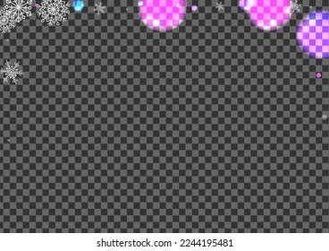 Purple Snowflake Background Transparent Vector. Flakes Border Texture. Black Glitter. Bright Bokeh December. Luxury Frame.