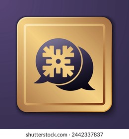 Purple Snowflake with speech bubble icon isolated on purple background. Merry Christmas and Happy New Year. Gold square button. Vector
