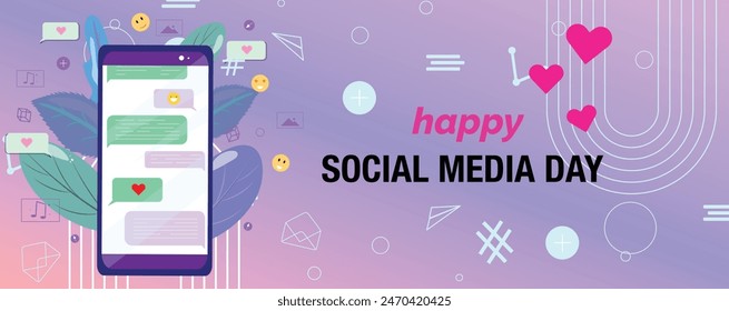 Purple social media banner featuring emojis, elements, planes, hearts, music notes, speech bubbles and chat on a cellphone