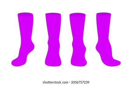 Purple socks template mockup flat style design vector illustration set isolated on white background. Long black socks with different angles mockups.