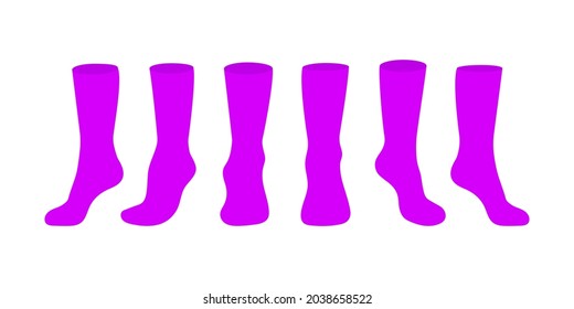 Purple socks template mockup flat style design vector illustration set isolated on white background. Long black socks with different angles mockups.