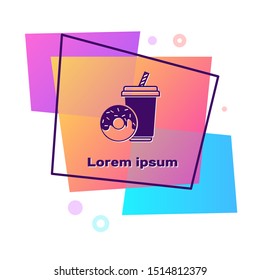 Purple Soda drink with drinking straw and donut icon isolated on white background. Fast food symbol. Color rectangle button. Vector Illustration