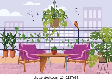 Purple sofa on the terrace with lots of flower pots. Terrace illustration.