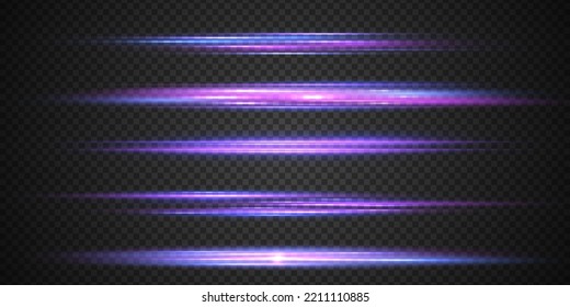 Luces y líneas de neón horizontales moradas. Conjunto de bengalas de lente abstractas. Movimiento de línea violeta flash. Vigas láser brillantes, rayos de velocidad violeta brillante, efecto de luz rosa. Luminoso reluciente. Vector