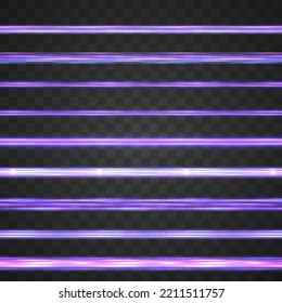 Purple soft horizontal neon lines and lights. Set of abstract lens flares. Flash purple line motion. Laser sparkle beams, glowing violet speed rays, pink light effect. Luminous sparkling lined. Vector