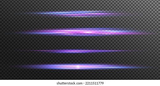 Luces y líneas de neón horizontales moradas. Conjunto de bengalas de lente abstractas. Movimiento de línea violeta flash. Vigas láser brillantes, rayos de velocidad violeta brillante, efecto de luz rosa. Luminoso reluciente. Vector