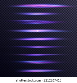 Purple soft horizontal neon lines and lights. Set of abstract lens flares. Flash purple line motion. Laser sparkle beams, glowing violet speed rays, pink light effect. Luminous sparkling lined. Vector