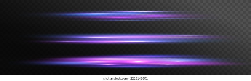 Luces y líneas de neón horizontales moradas. Conjunto de bengalas de lente abstractas. Movimiento de línea violeta flash. Vigas láser brillantes, rayos de velocidad violeta brillante, efecto de luz rosa. Luminoso reluciente. Vector