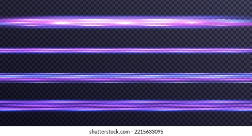 Luces y líneas de neón horizontales moradas. Conjunto de bengalas de lente abstractas. Movimiento de línea violeta flash. Vigas láser brillantes, rayos de velocidad violeta brillante, efecto de luz rosa. Luminoso reluciente. Vector