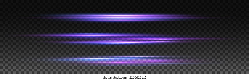 Purple soft horizontal neon lines and lights. Set of abstract lens flares. Flash purple line motion. Laser sparkle beams, glowing violet speed rays, pink light effect. Luminous sparkling lined. Vector