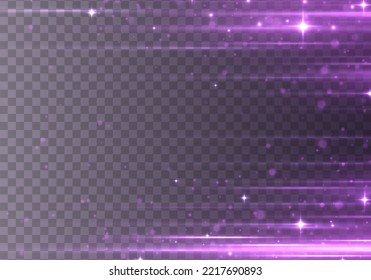 Purple soft horizontal neon lines. Set of abstract lens flares. Laser sparkle beams, glowing violet speed rays, dust sparks light effect. Flash purple line motion. Luminous sparkling lined. Vector