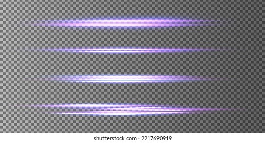 Luces y líneas de neón horizontales moradas. Conjunto de bengalas de lente abstractas. Movimiento de línea violeta flash. Vigas láser brillantes, rayos de velocidad violeta brillante, efecto de luz rosa. Luminoso reluciente. Vector
