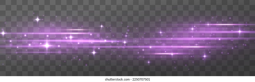 Purple soft horizontal neon lines. Set of abstract lens flares. Flash purple line motion. Laser sparkle beams, glowing violet speed rays, dust sparks light effect. Luminous sparkling lined. Vector