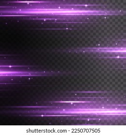 Púrpura líneas de neón horizontal suave. Conjunto de bengalas de lente abstractas. Movimiento de línea violeta flash. Vigas láser brillantes, rayos de velocidad violeta brillantes, el polvo provoca un efecto luminoso. Luminoso reluciente. Vector