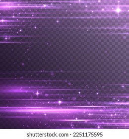 Purple soft horizontal neon lines. Set of abstract lens flares. Flash purple line motion. Laser sparkle beams, glowing violet speed rays, dust sparks light effect. Luminous sparkling lined. Vector
