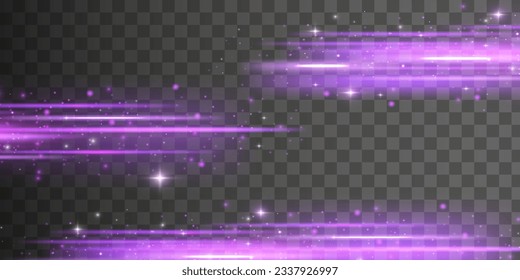 Púrpura líneas de neón horizontal suave. Conjunto de bengalas de lente abstractas. Movimiento de línea violeta flash. Vigas láser brillantes, rayos de velocidad violeta brillantes, el polvo provoca un efecto luminoso. Luminoso reluciente. Vector