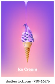 Purple soft ice cream cone, Pour melted violet syrup, blueberry lavender flavor, Vector illustration