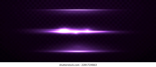 Purple soft vertical neon lines. Set of abstract lens flares. Flash purple line motion. Laser sparkle beams, glowing violet speed rays, dust sparks light effect. Luminous sparkling lined. Vector