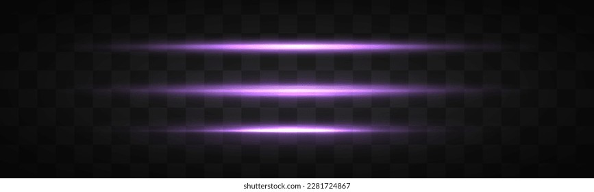 Púrpura líneas verticales de neón suave. Conjunto de bengalas de lente abstractas. Movimiento de línea violeta flash. Vigas láser brillantes, rayos de velocidad violeta brillantes, el polvo provoca un efecto luminoso. Luminoso reluciente. Vector