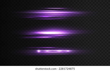 Purple soft vertical neon lines. Set of abstract lens flares. Flash purple line motion. Laser sparkle beams, glowing violet speed rays, dust sparks light effect. Luminous sparkling lined. Vector