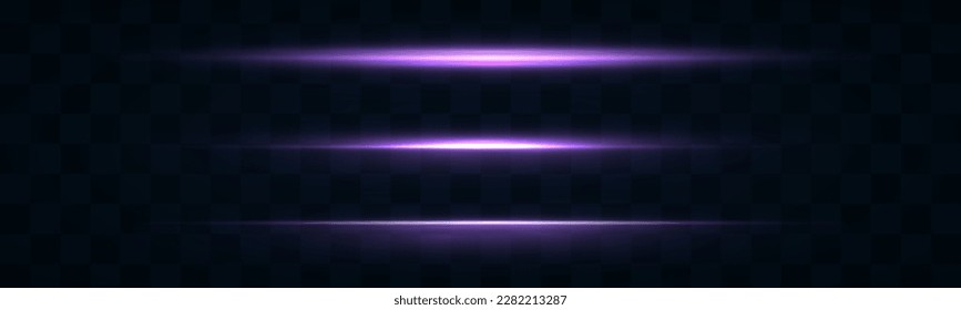 Purple soft vertical neon lines. Set of abstract lens flares. Flash purple line motion. Laser sparkle beams, glowing violet speed rays, dust sparks light effect. Luminous sparkling lined. Vector