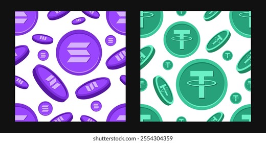 Purple Solana and Green Tether cryptocurrencies patterns set. Virtual elements of blockchain technology in vector flat style. For logo, crypto decor, prints.