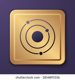 Purple Solar system icon isolated on purple background. The planets revolve around the star. Gold square button. Vector