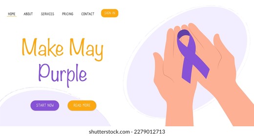 Purple solidarity ribbon in hands. Make May Purple. Vector banner, poster, card and background for annual stroke awareness month. 