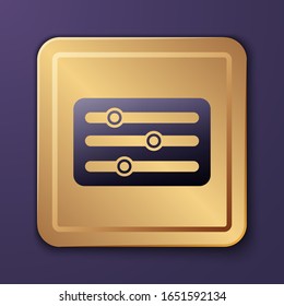 Purple Sound mixer controller icon isolated on purple background. Dj equipment slider buttons. Mixing console. Gold square button. Vector Illustration