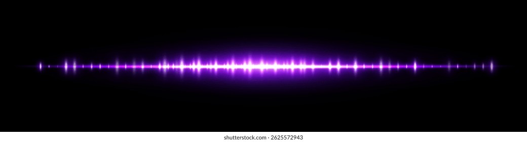 Purple soundwave with glowing bars and mirror effect on black. Perfect for electronic audio interface, modern music visuals, voice recording design, signal transmission and digital media.
