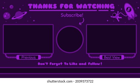 Purple Space Adventure Theme End Screen. Suitable to place on educational vlog content about science fiction for children. 