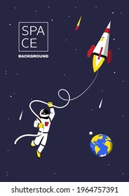 Purple space background with copy space for text. Astronomy notebook cover Design with astronaut riding rocket in outer space. Cartoon vector illustration.