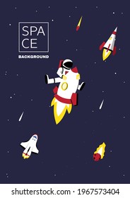 Purple space background with copy space for text. Astronomy Template Design with astronaut on rocket and flying stars in outer space. Cartoon vector illustration.