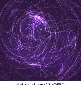Purple space background. Glowing chaotic curves and sparkling particles. Futuristic vector illustration. Easy to edit design template for your artworks.
