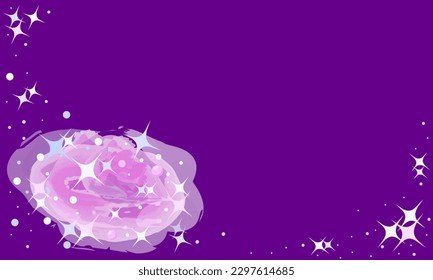 Purple space background with pink nebula and stars. Vector illustration with text box for invitations, book cover.