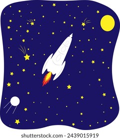Purple space background with a rocket satellite moon and stars. The concept of Cosmonautics Day