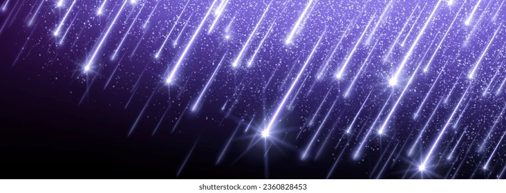 Lluvia de cometa espacio púrpura y disparo de estrella muestran el fondo vectorial. Resumen de la ilustración de tormentas de asteroides o de la galaxia de meteoritos. Disminución del diseño digital de la línea de velocidad de las estrellas. Impacto en la constelación neonesa