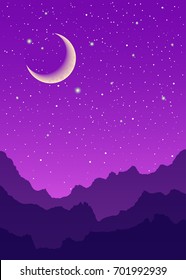 Purple space landscape with moon, stars and mountains silhouette. Sky after sunset.