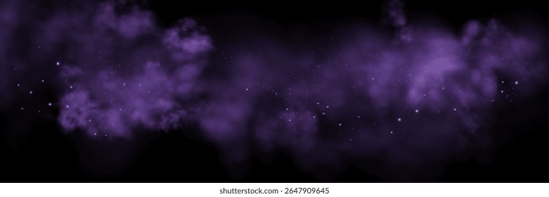 Espaço roxo realista nebulosa fumaça fundo. Textura de nevoeiro abstrato e estrelas brilhantes. Galáxia colorida mágica com poeira estelar. Ilustração vetorial abstrata