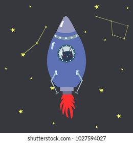 Purple space ship with cute dark blue cat doodle style with constellation vector illustration